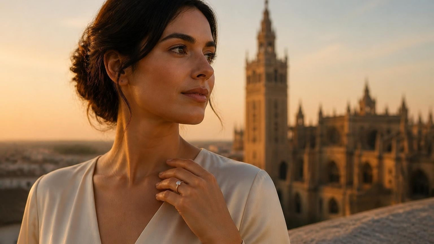 Best engagement rings in Seville — Satéur Destinée Ring with La Giralda at golden hour