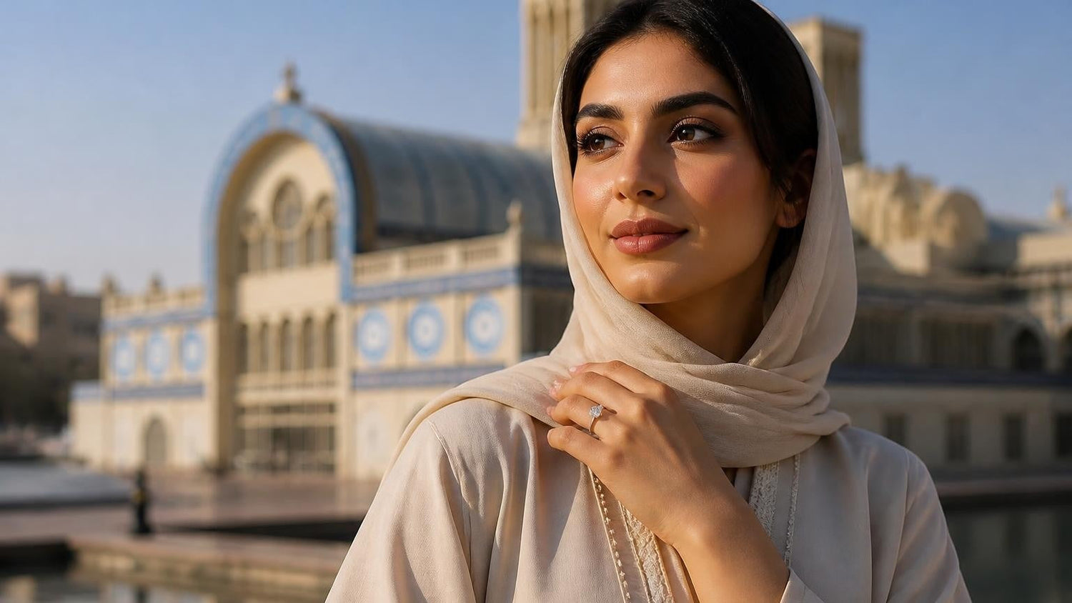 Best engagement rings in Sharjah — Satéur Destinée Ring™ with Sharjah Blue Souk in background