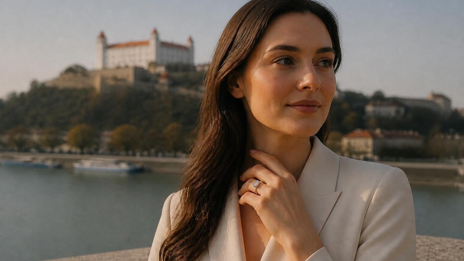 Best engagement rings in Slovakia — woman wearing Satéur Destinée Ring with Bratislava Castle in the background