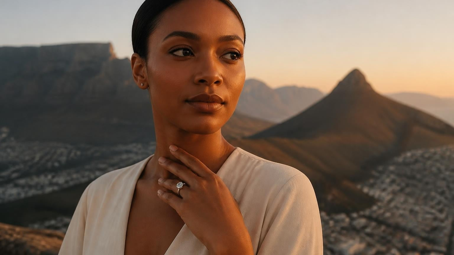 Best engagement rings in South Africa — Satéur Destinée Ring™ with Table Mountain at golden hour