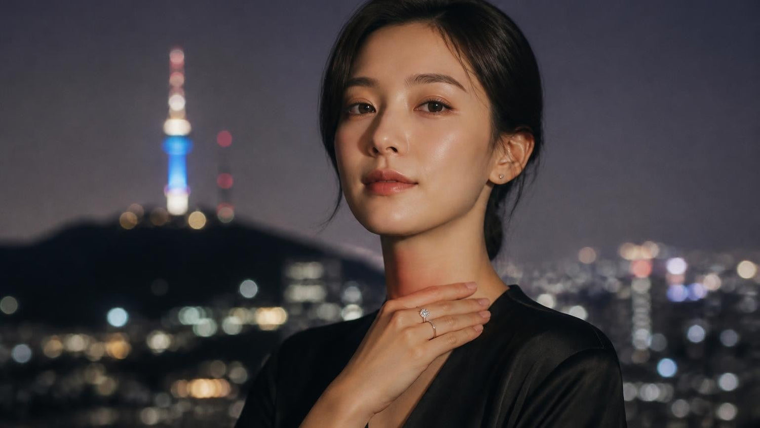 Best engagement rings in South Korea — Satéur Destinée Ring worn by Korean woman with N Seoul Tower at golden hour