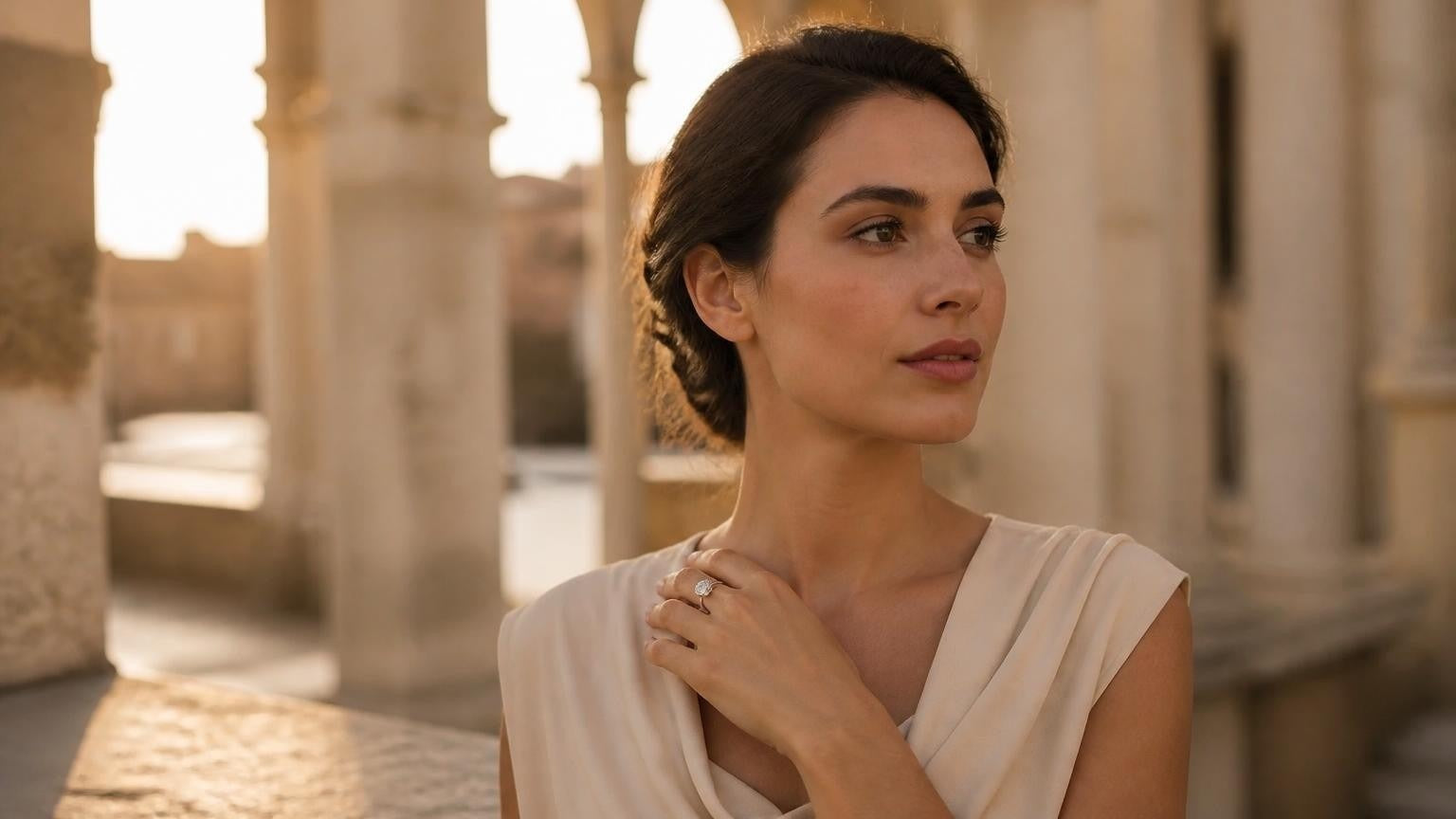 Best engagement rings in Split — elegant woman with solitaire ring, Diocletian's Palace colonnades
