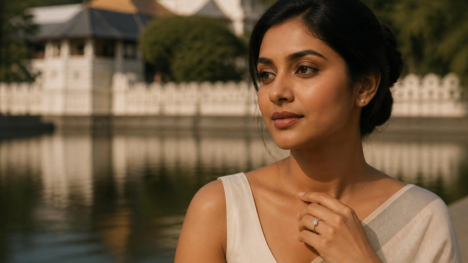 Best engagement rings in Sri Lanka — elegant solitaire ring worn by a Sri Lankan woman, Temple of the Tooth softly blurred behind