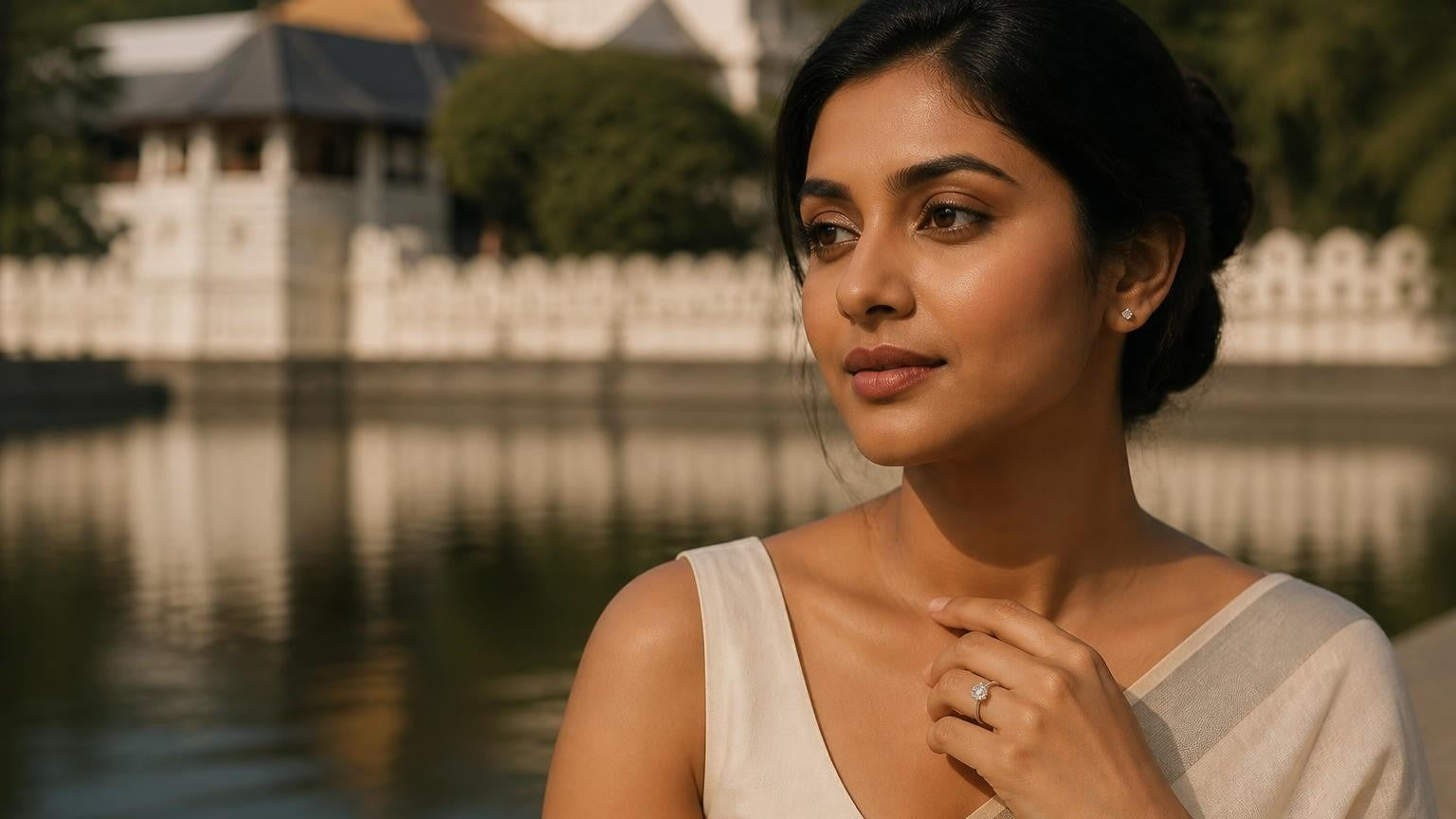 Best engagement rings in Sri Lanka — elegant solitaire ring worn by a Sri Lankan woman, Temple of the Tooth softly blurred behind