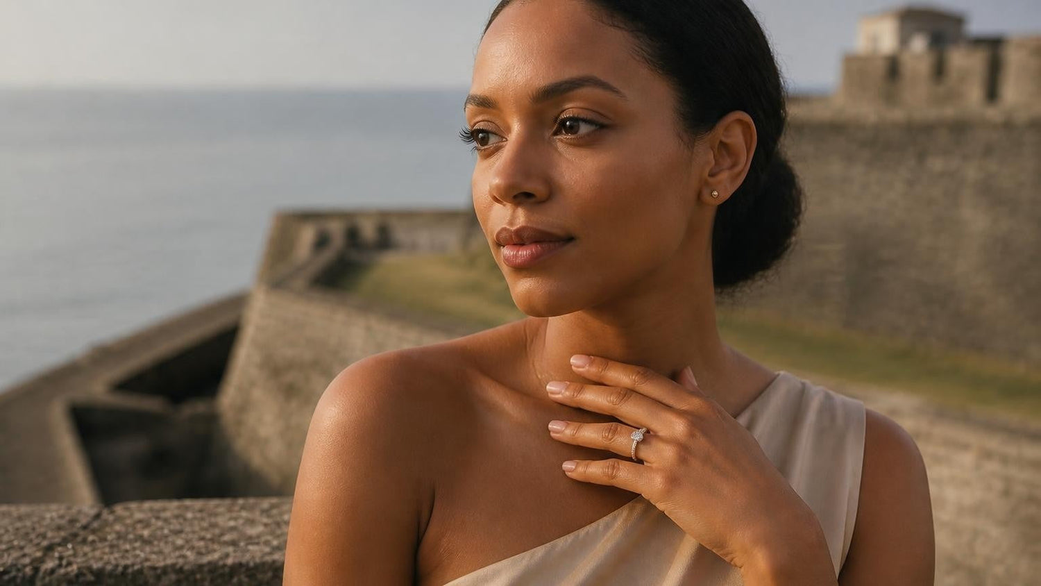 Best engagement rings in St. Kitts and Nevis — Kittitian woman with Satéur Destinée Ring at Brimstone Hill Fortress