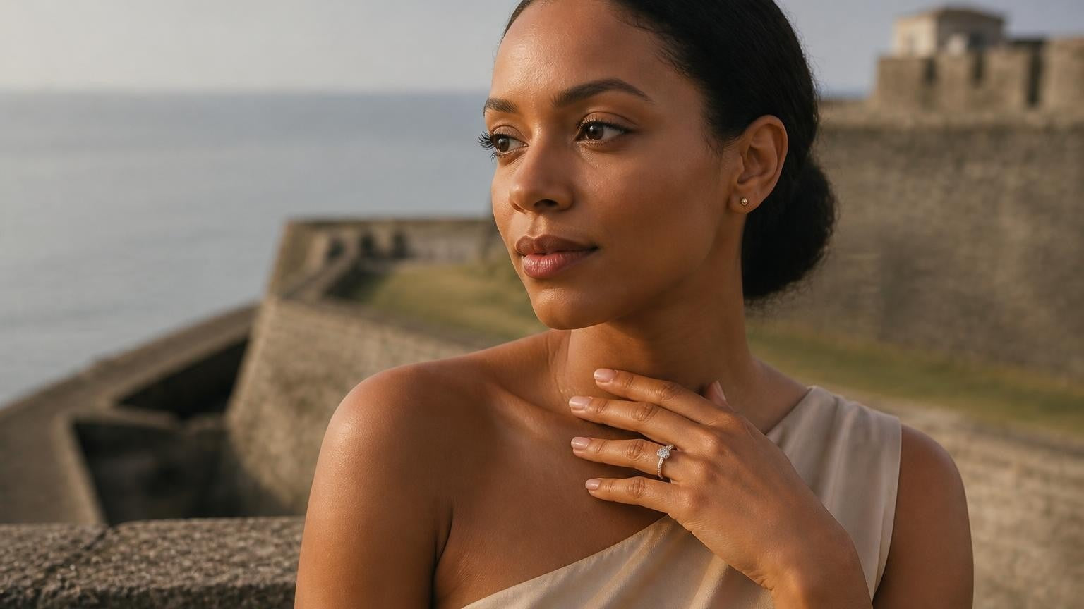 Best engagement rings in St. Kitts and Nevis — Kittitian woman with Satéur Destinée Ring at Brimstone Hill Fortress