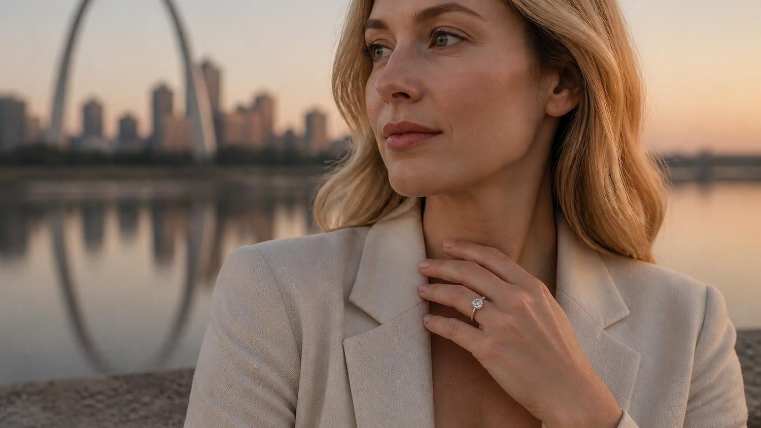 Best engagement rings in St. Louis — Satéur Destinée Ring with Gateway Arch at dawn