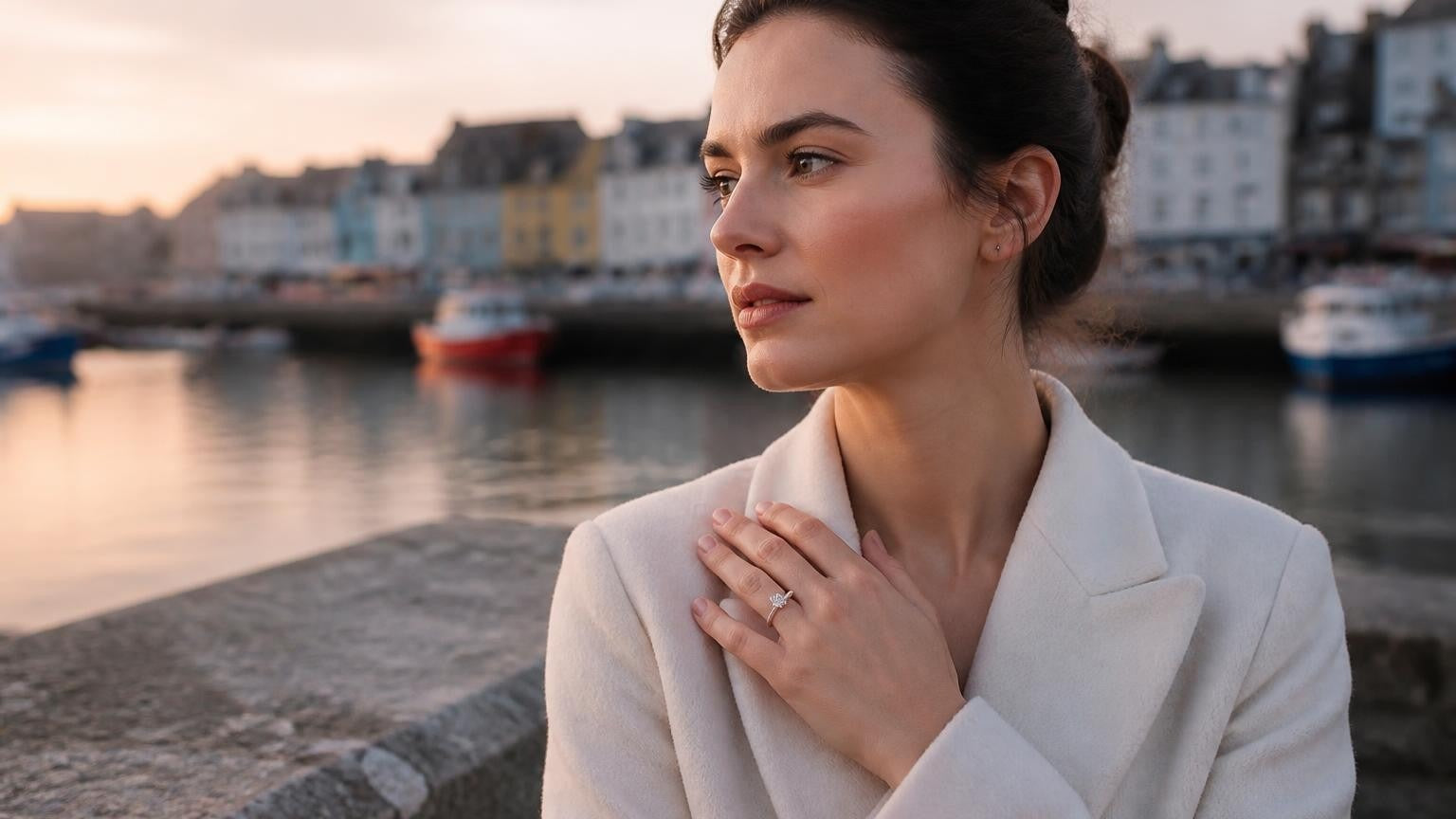 Best engagement rings in Saint-Pierre-et-Miquelon — woman at the colourful Breton fishing harbour wearing a Satéur Destinée Ring solitaire