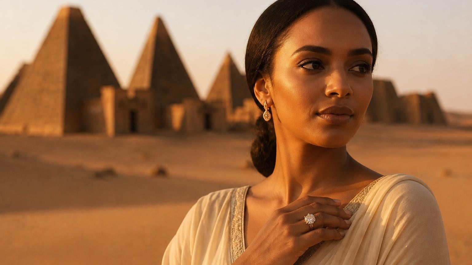 Elegant Sudanese woman with engagement ring, Meroë pyramids of Sudan in background