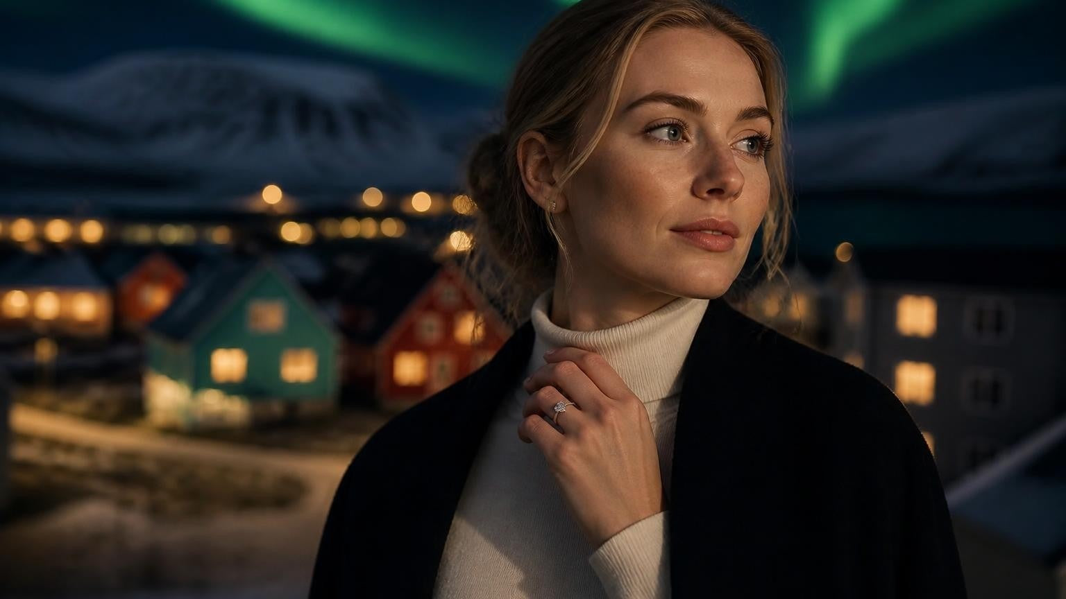 Best engagement rings in Svalbard and Jan Mayen — Satéur Destinée Ring with Northern Lights over Longyearbyen