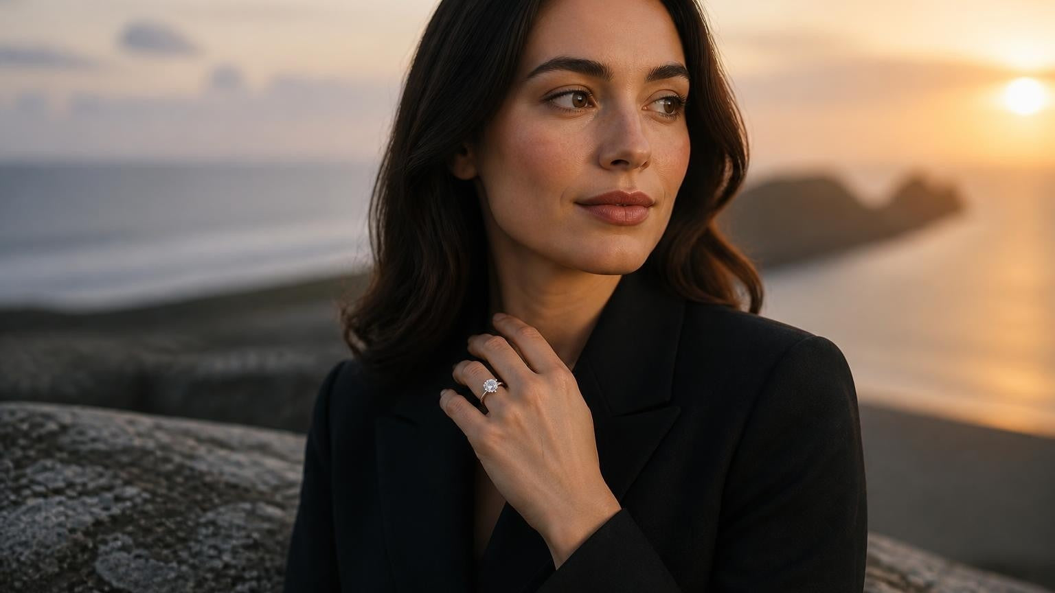Best engagement rings in Swansea — elegant Welsh woman with Satéur Destinée Ring™ at Rhossili Bay sunset