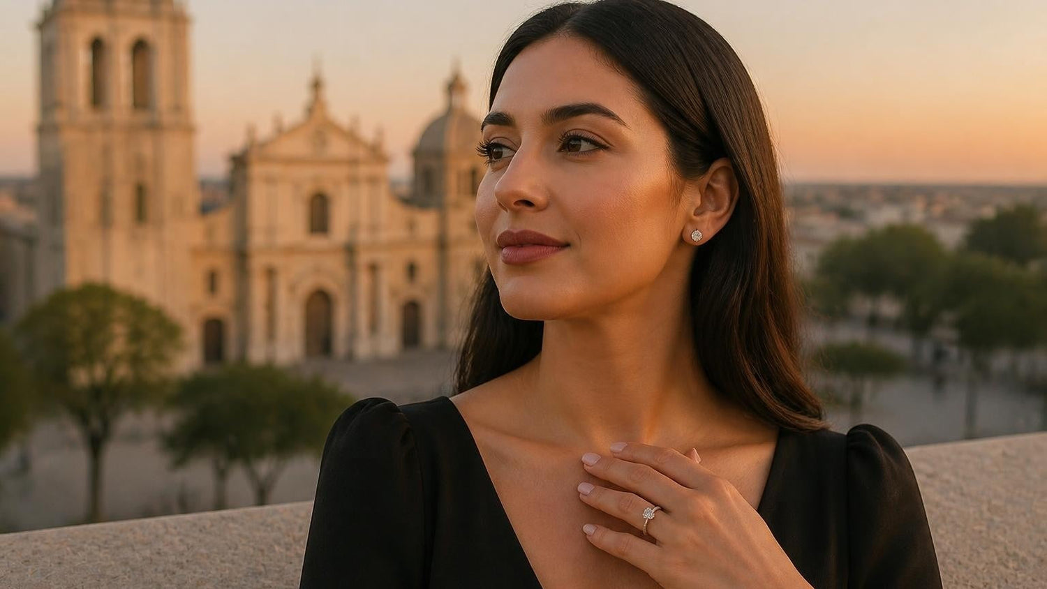 Best engagement rings in Tampico — elegant woman with Satéur Destinée Ring, Catedral de Tampico at golden hour