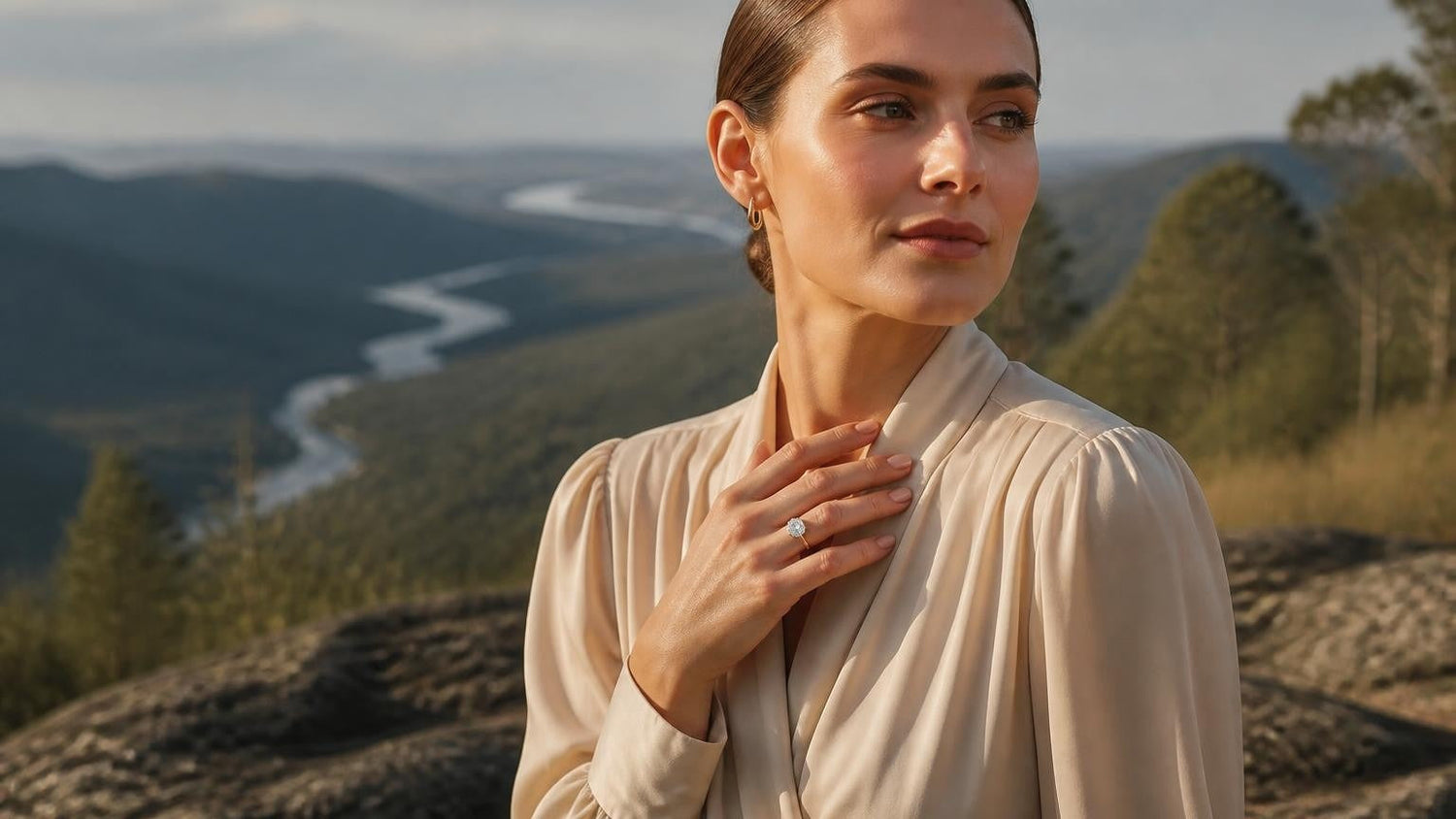 Best engagement rings in Tamworth — Satéur Destinée Ring with Peel River valley in background