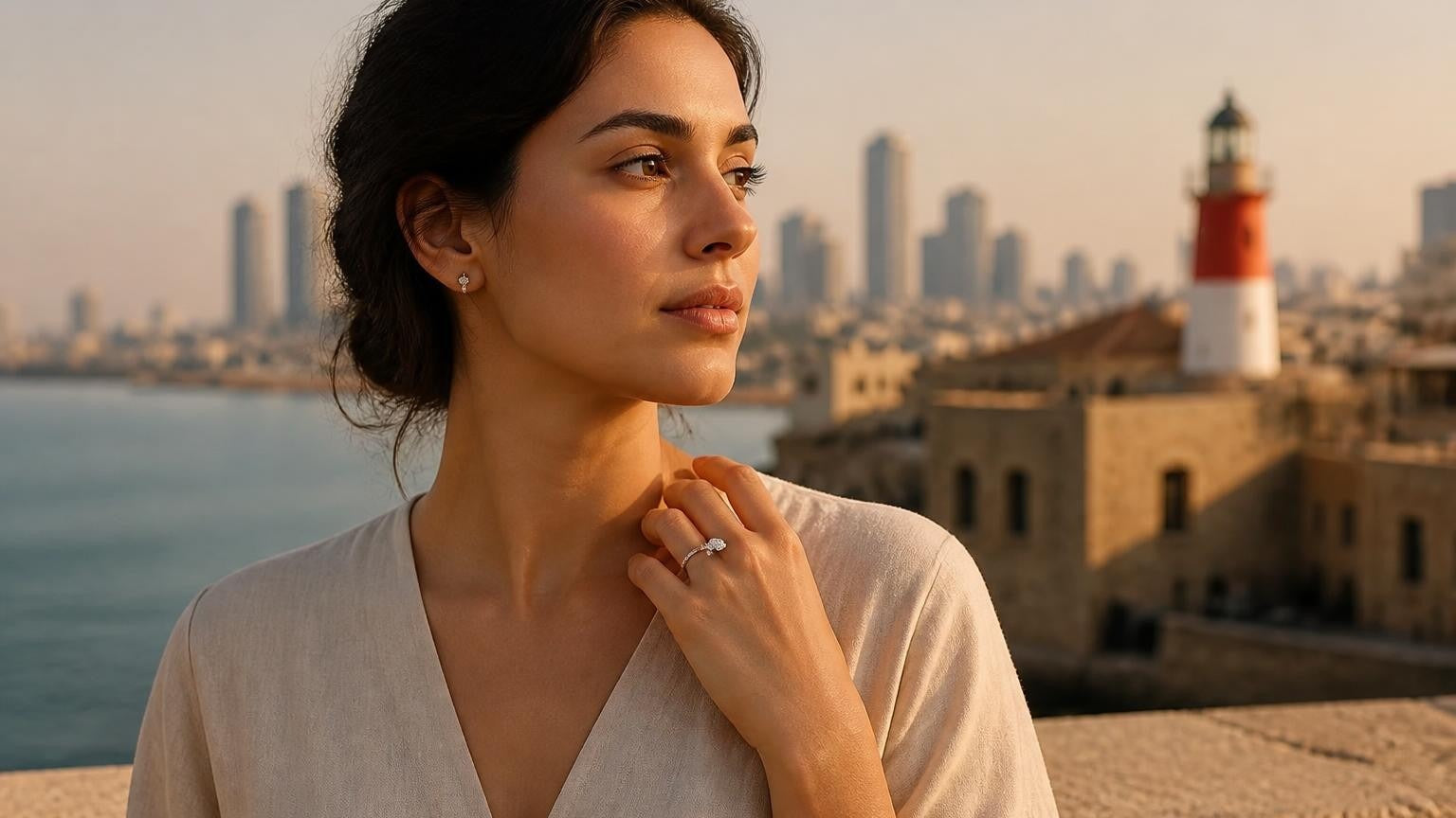 Best engagement rings in Tel Aviv — elegant woman with solitaire ring at Old Jaffa port, Tel Aviv skyline behind