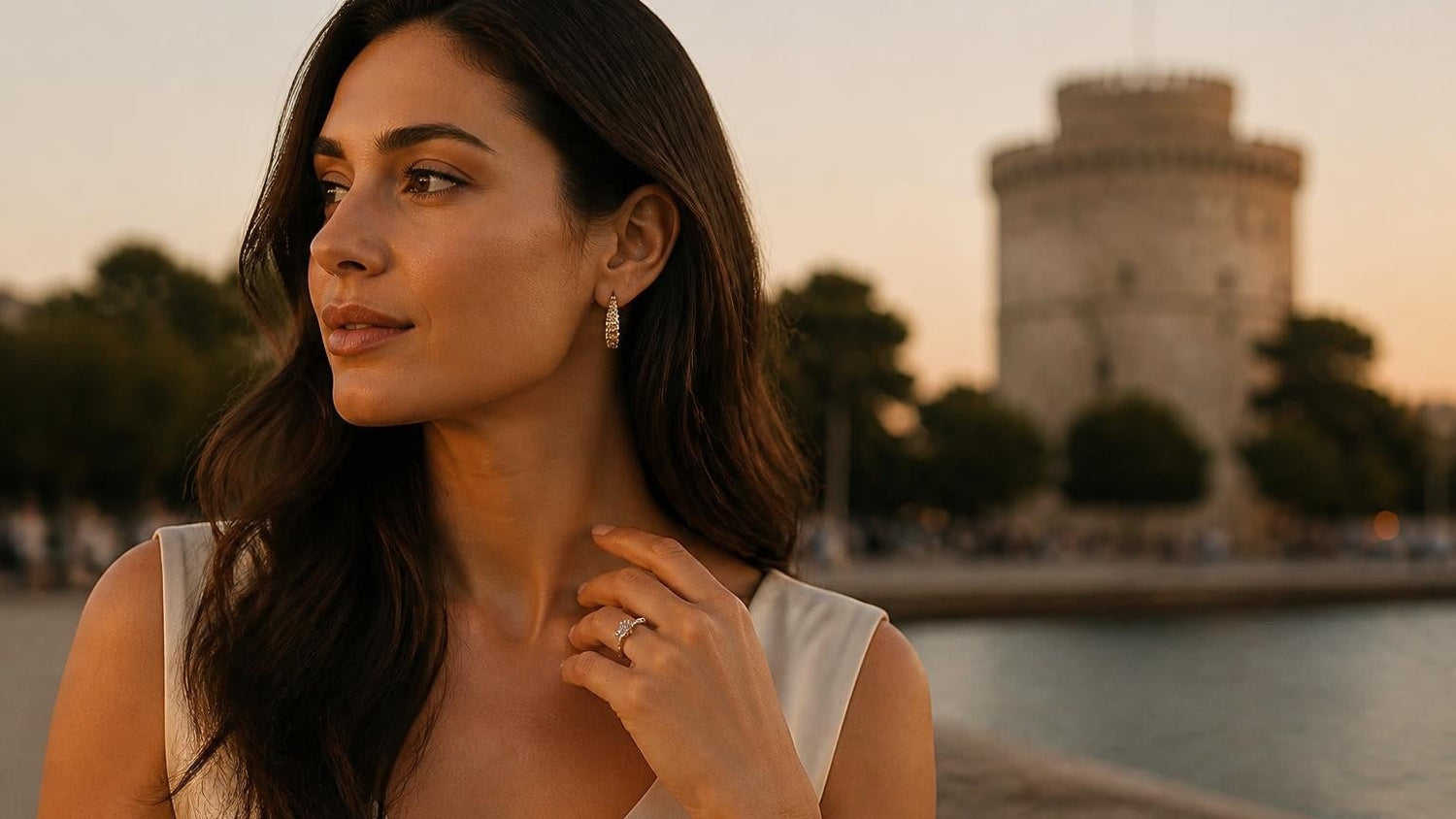 Best engagement rings in Thessaloniki — Satéur Destinée Ring™ with the White Tower at golden hour