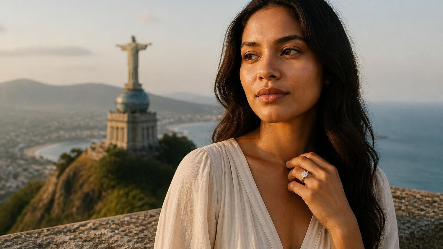 Best engagement rings in Timor-Leste — Satéur Destinée Ring with Cristo Rei of Dili in the background