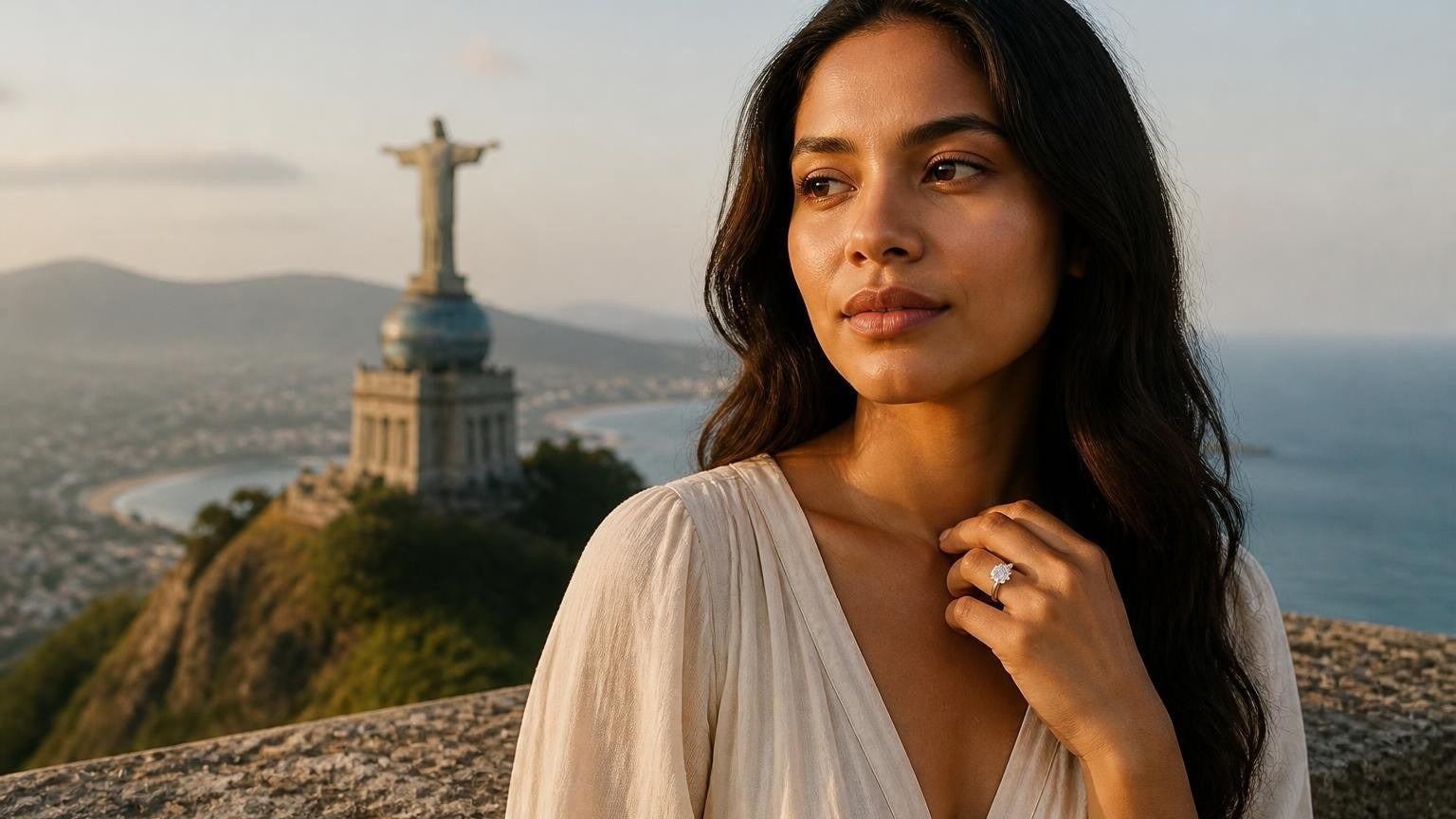 Best engagement rings in Timor-Leste — Satéur Destinée Ring with Cristo Rei of Dili in the background