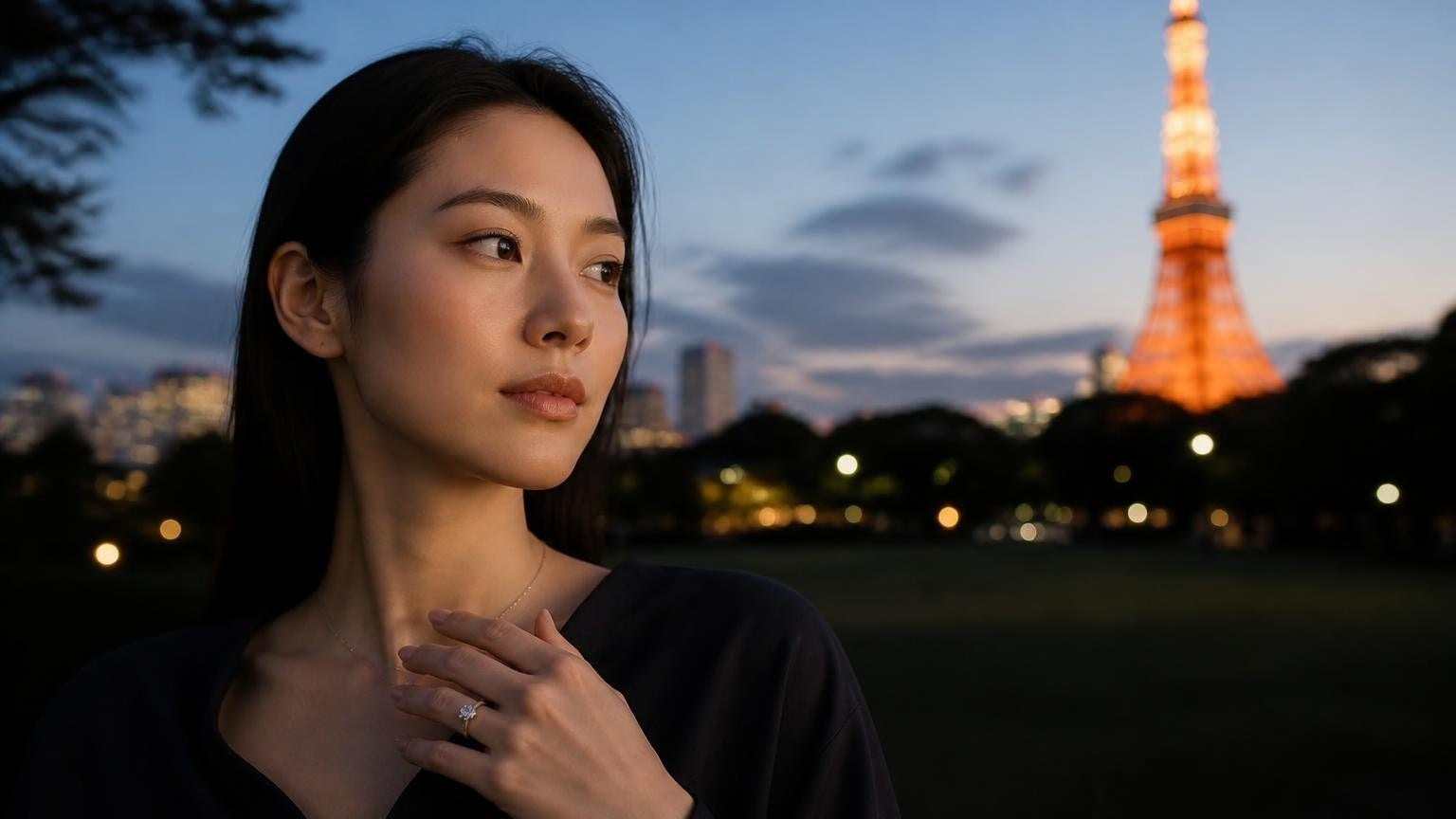 Best engagement rings in Tokyo — Japanese woman wearing Satéur Destinée Ring with Tokyo Tower at dusk