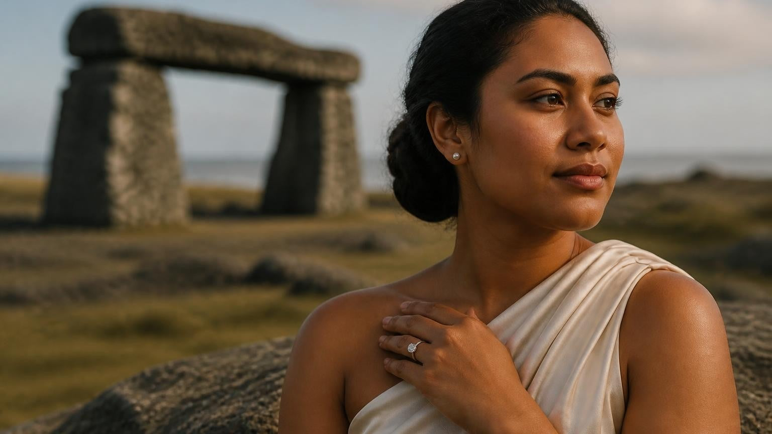 Best engagement rings in Tonga — elegant Tongan woman with solitaire ring at Ha'amonga 'a Maui trilithon