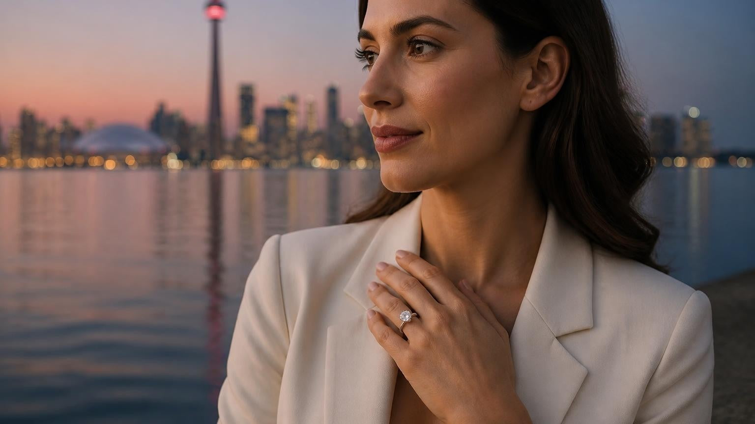 Best engagement rings in Toronto — Satéur Destinée Ring with CN Tower skyline at dusk