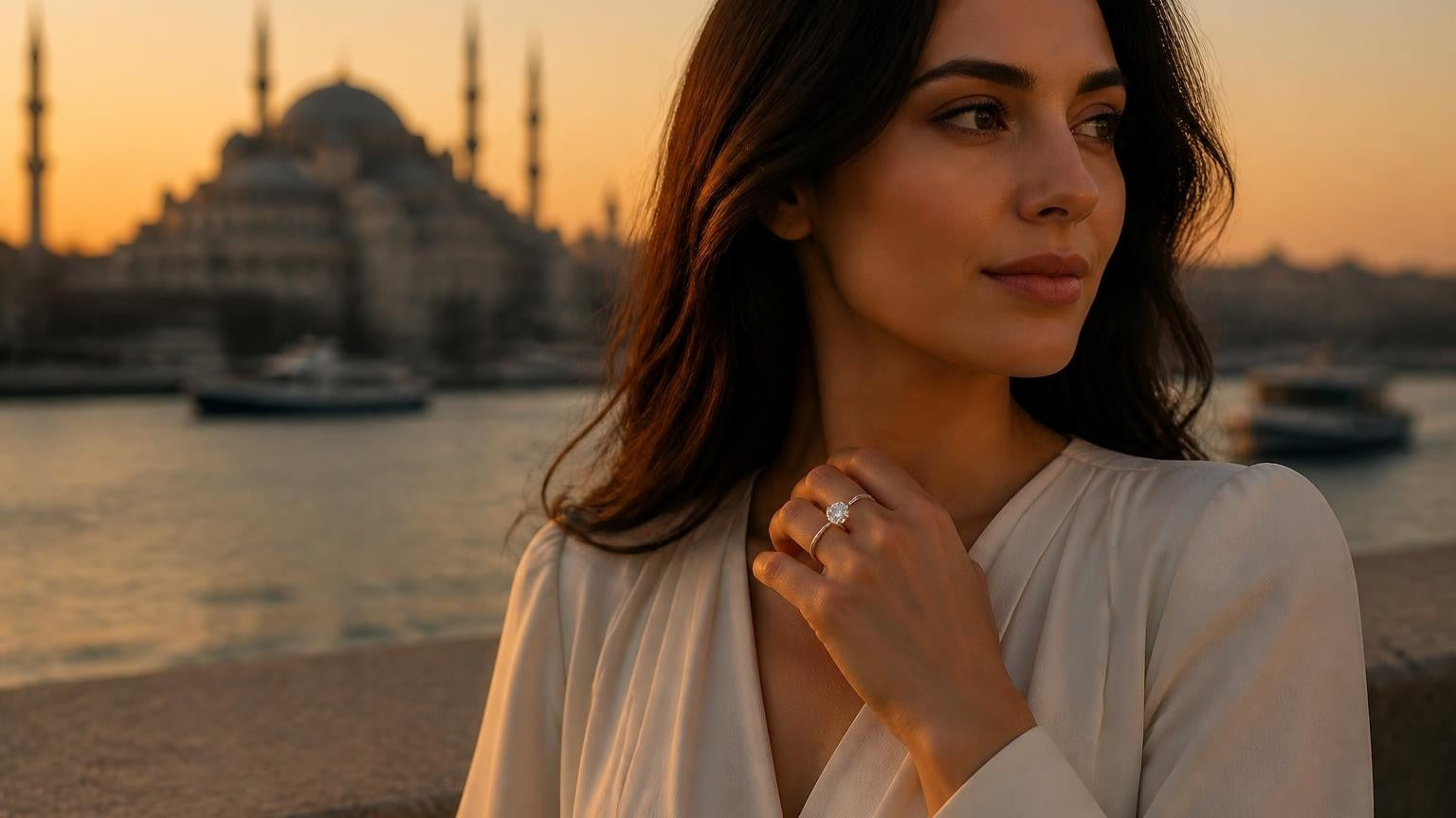 Best engagement rings in Turkey — elegant woman wearing a Satéur Destinée Ring with the Blue Mosque softly blurred behind