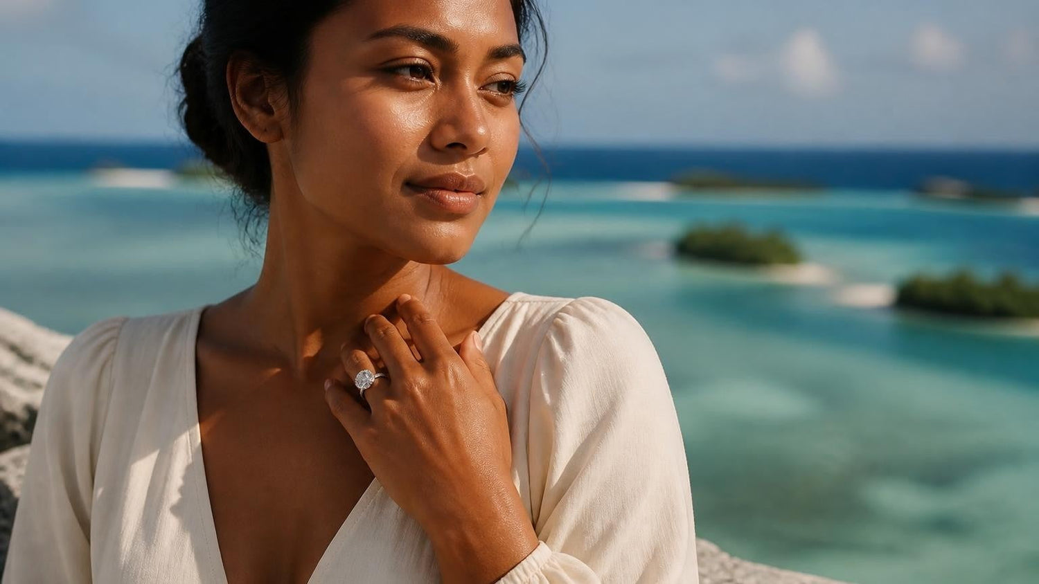 Best engagement rings in Tuvalu — Satéur Destinée Ring with Funafuti atoll lagoon