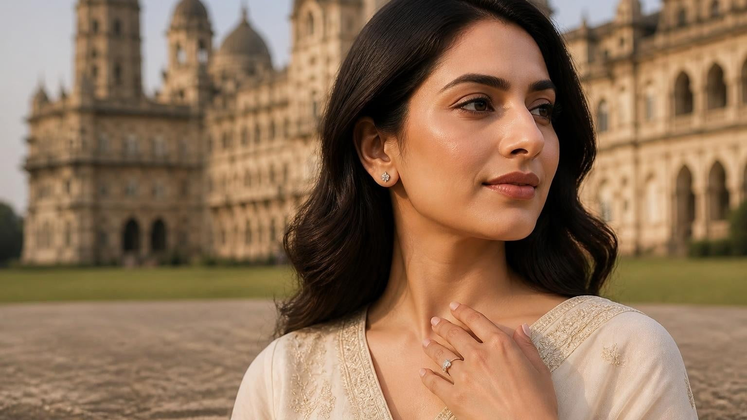 Best engagement rings in Vadodara — Satéur Destinée Ring with Laxmi Vilas Palace backdrop