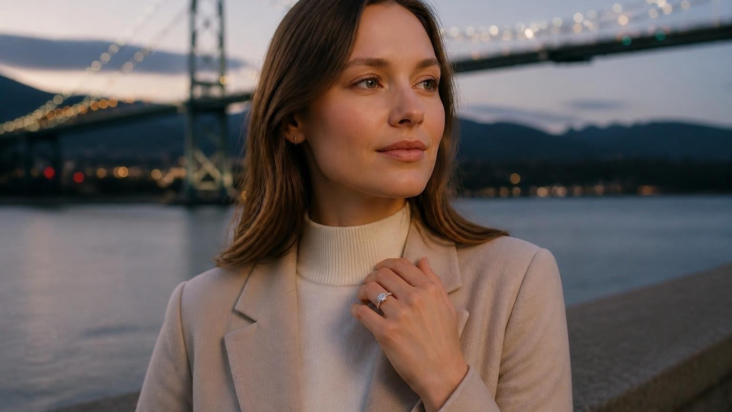 Best engagement rings in Vancouver — elegant woman with Satéur Destinée Ring, Lions Gate Bridge at dusk
