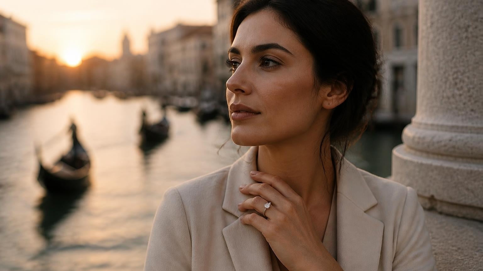 Best engagement rings in Venice — elegant Italian woman with Satéur Destinée Ring, Grand Canal at golden hour