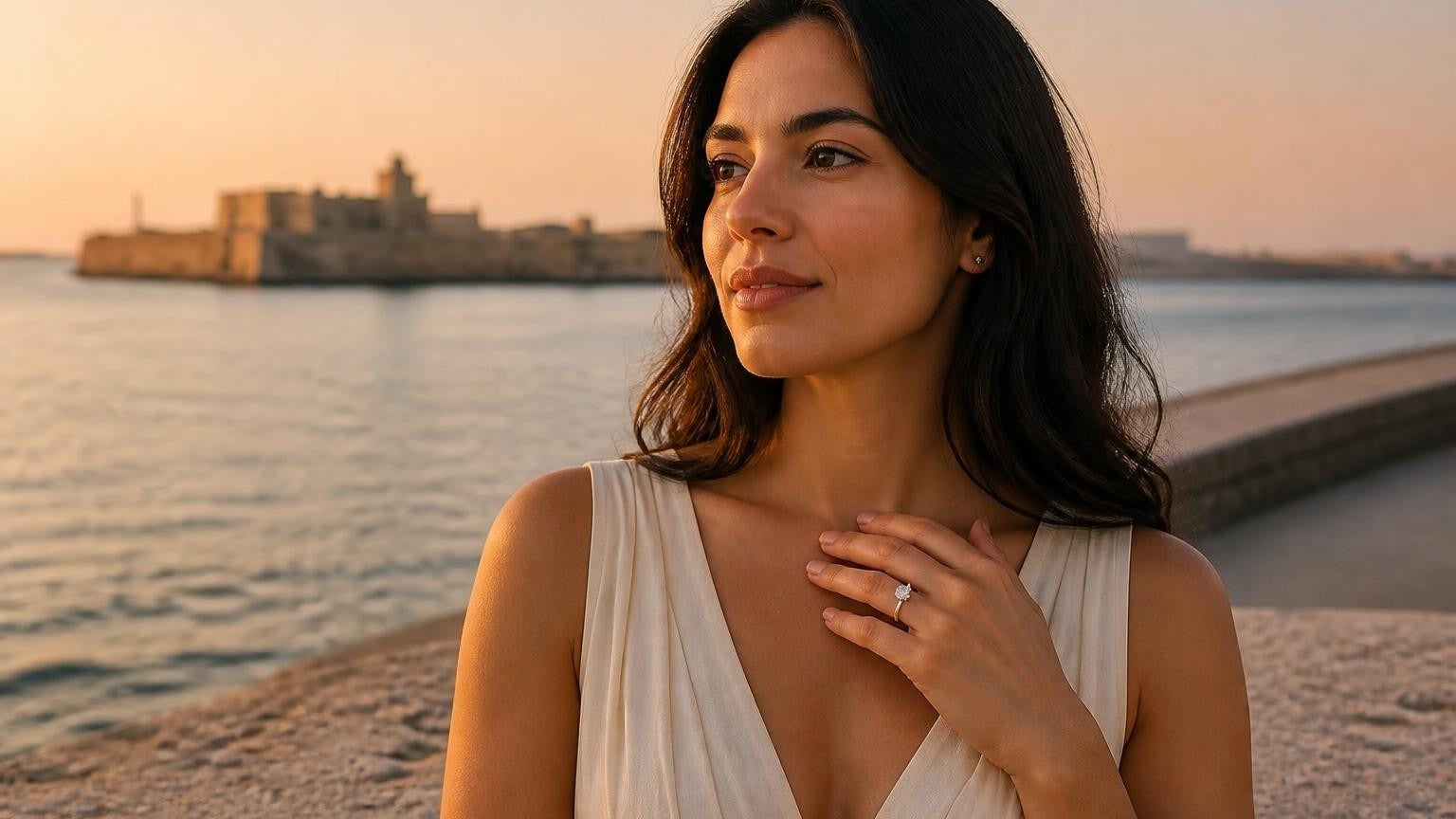 Best engagement rings in Veracruz — Satéur Destinée Ring with San Juan de Ulúa fort at sunset