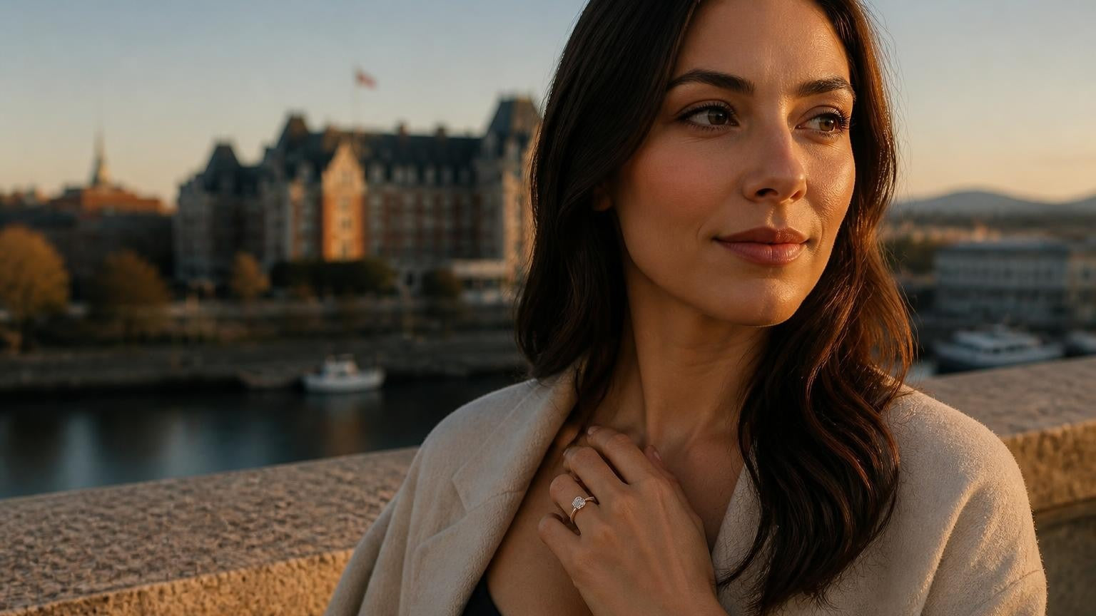 Best engagement rings in Victoria BC — Satéur Destinée Ring with the Inner Harbour at golden hour