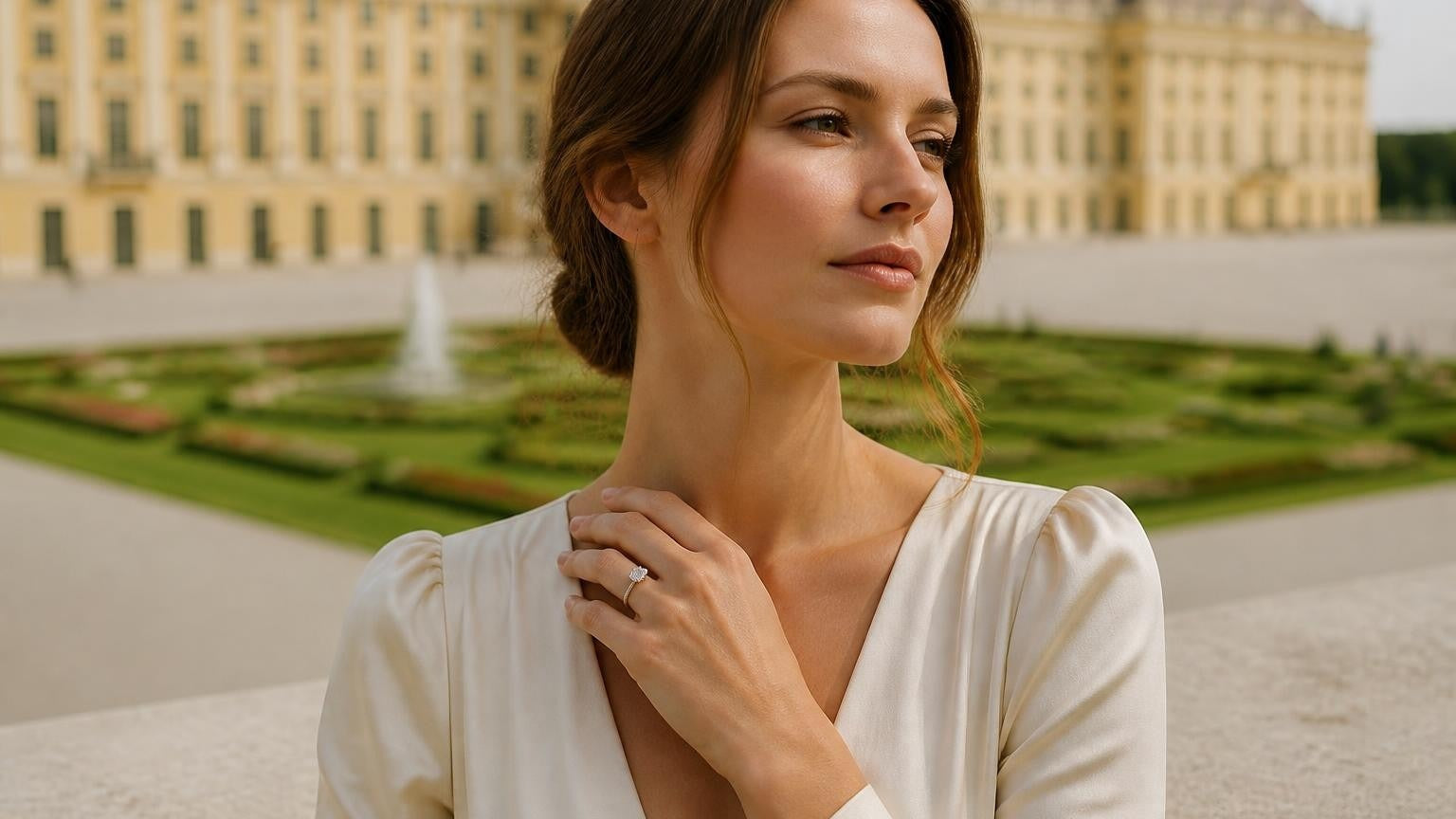 Best engagement rings in Vienna — elegant Austrian woman with ring at Schönbrunn Palace
