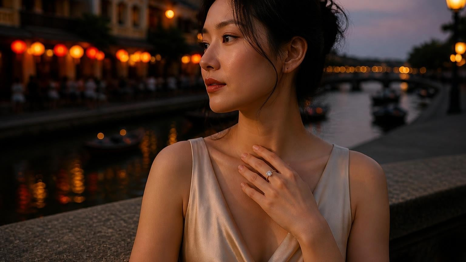 Best engagement rings in Vietnam — elegant woman with solitaire ring, Hội An lanterns at dusk