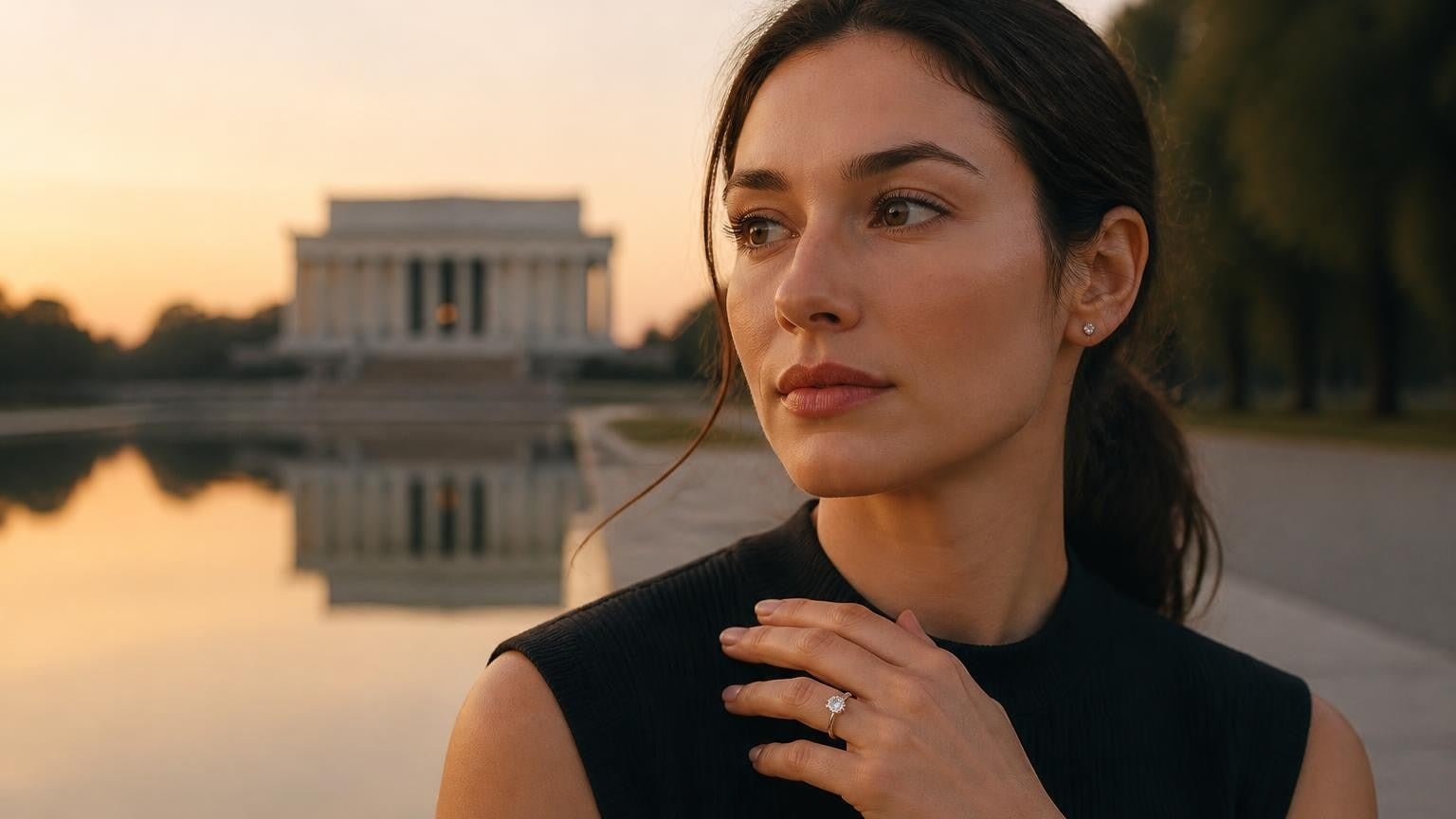 Best engagement rings in Washington D.C. — Satéur Destinée Ring™ with the Lincoln Memorial at dawn