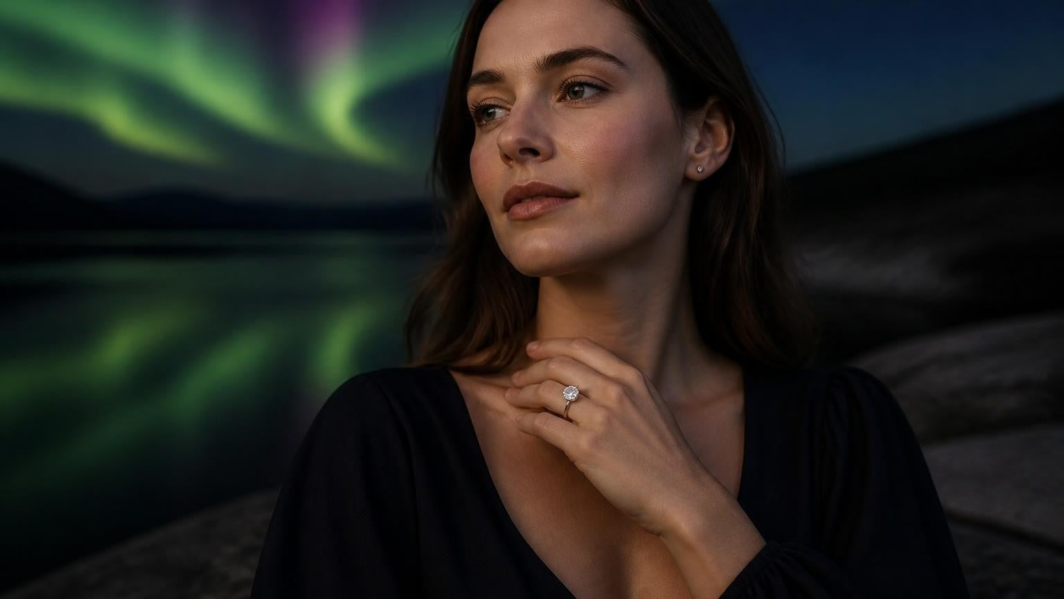 Best engagement rings in Whitehorse — Satéur Destinée Ring with northern lights aurora borealis, Yukon Canada