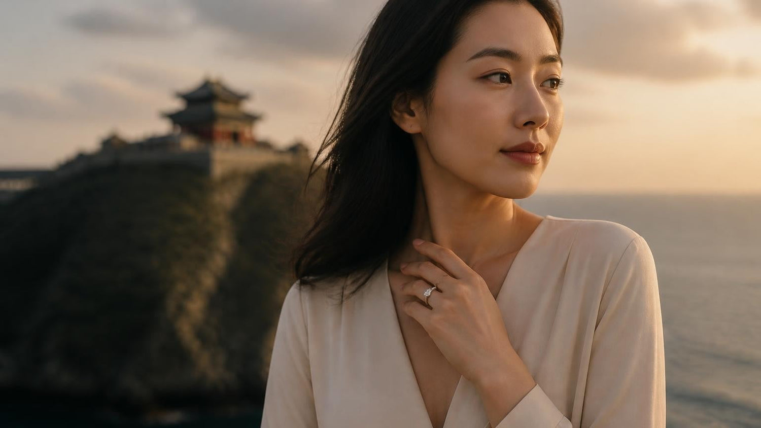 Best engagement rings in Yantai — Satéur Destinée Ring™ with Penglai Pavilion coastal cliffs at sunset