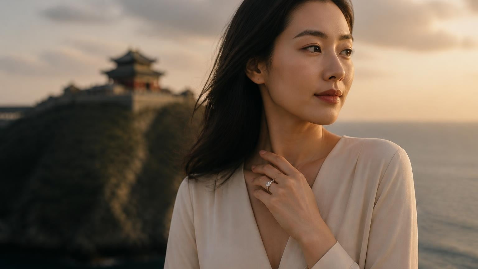 Best engagement rings in Yantai — Satéur Destinée Ring™ with Penglai Pavilion coastal cliffs at sunset