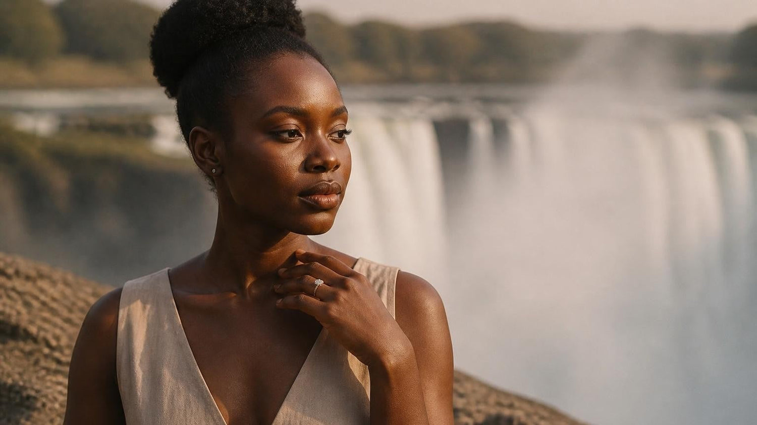 Best engagement ring in Zimbabwe — Satéur Destinée Ring™ with Victoria Falls backdrop