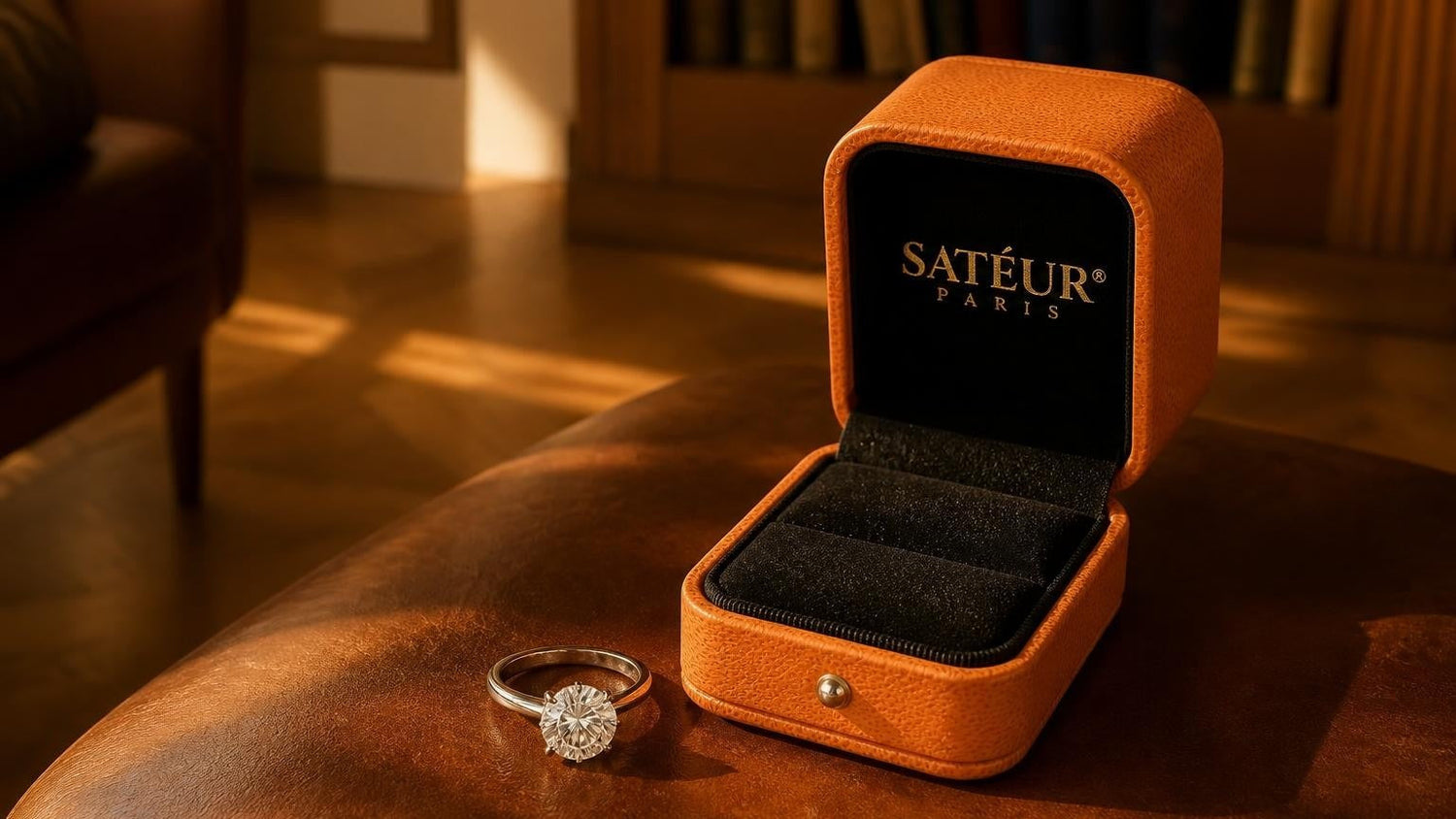 Best moissanite brands 2026 — Satéur Destinée ring with open orange box in warm study