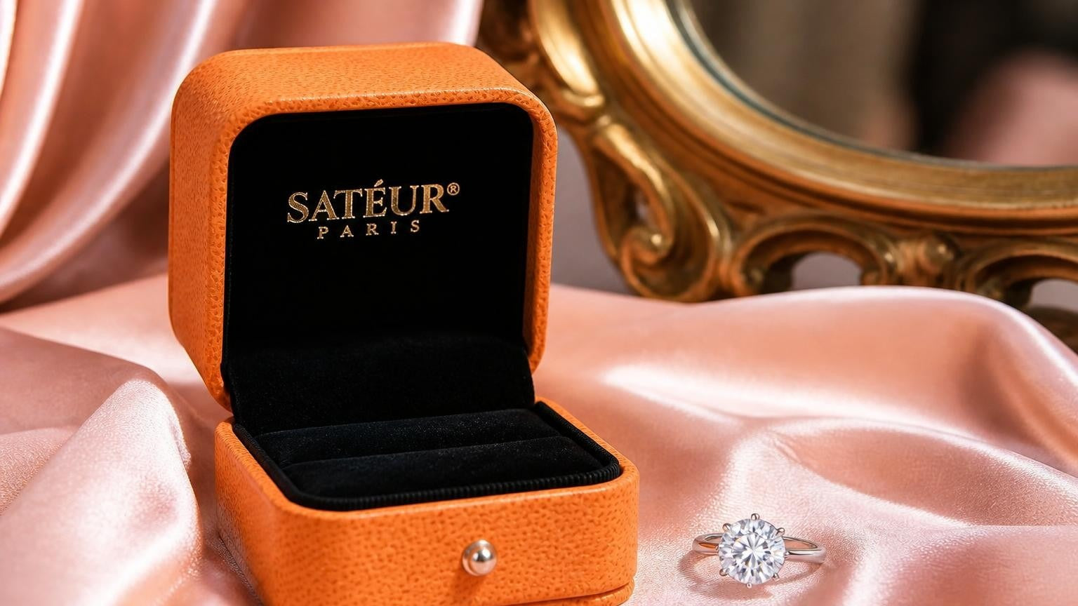 Satéur Gems® solitaire ring beside open orange Satéur ring box in couture dressing room
