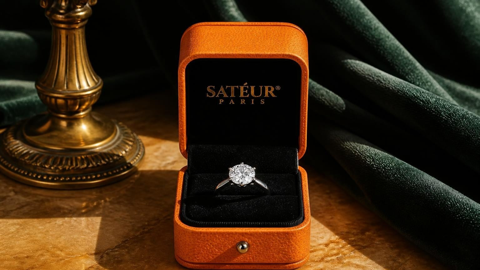Cheap engagement ring in open Satéur box — D-E colour diamond simulant solitaire
