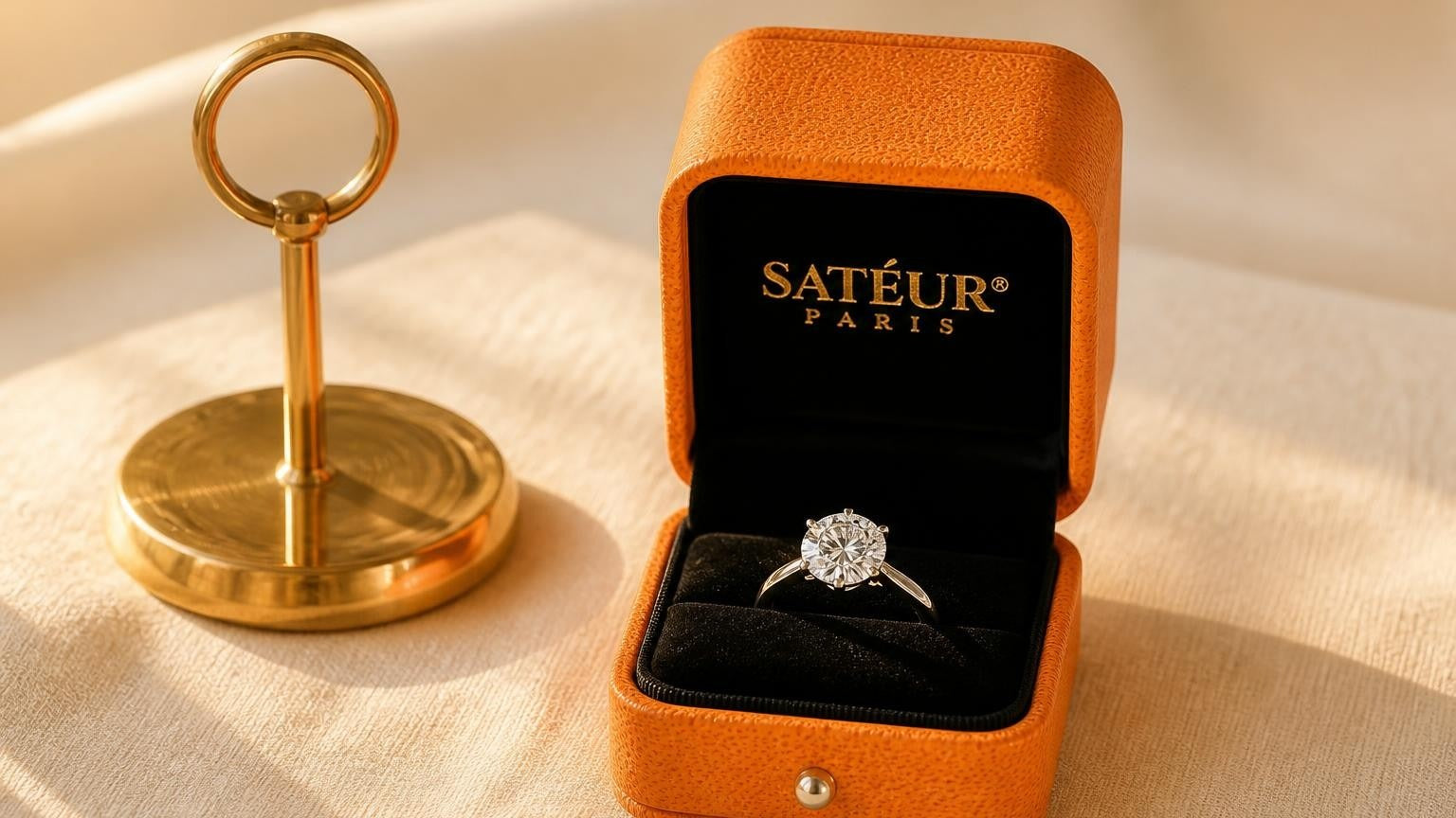 Classic engagement ring in open Satéur box on ivory linen surface