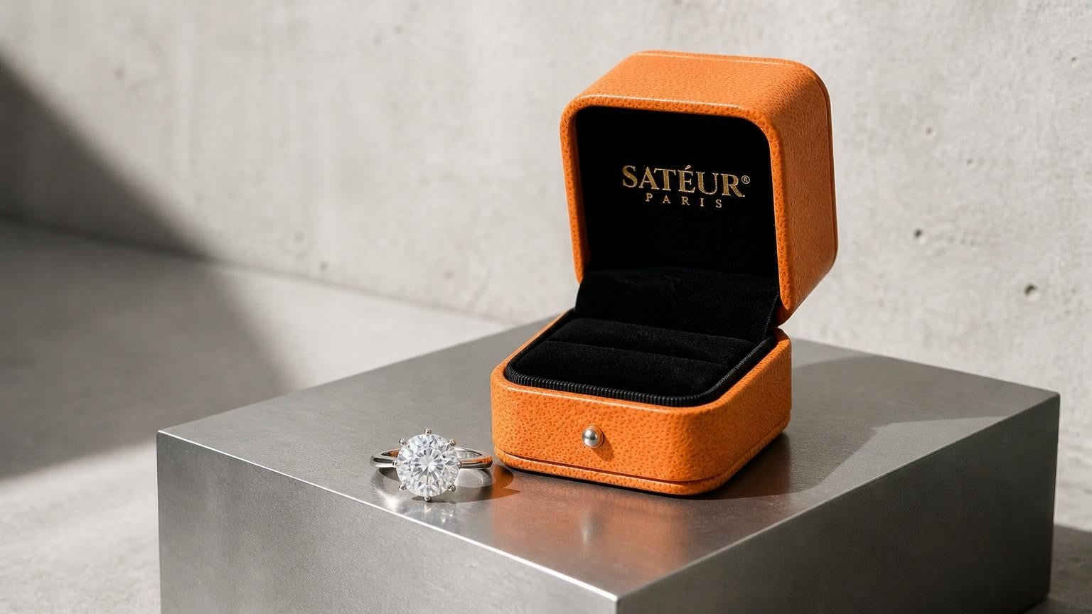 Custom engagement ring with open Satéur orange box