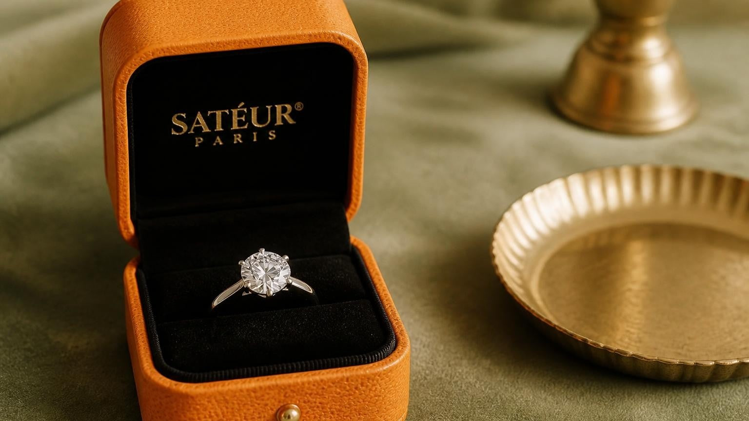 Moissanite vs Cubic Zirconia — open Satéur ring box on sage-green velvet