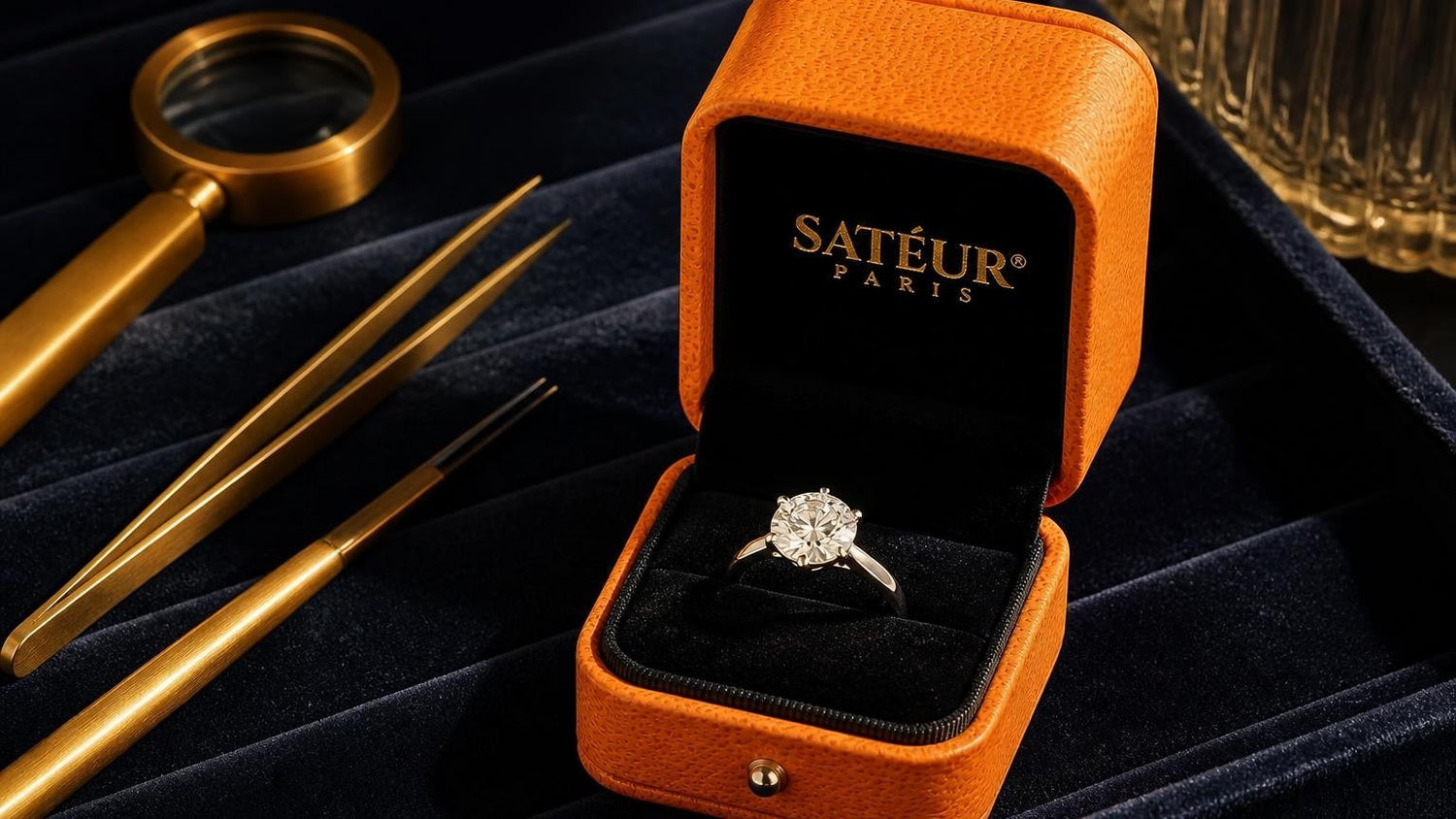 Day we met ring — Satéur Destinée Ring in open orange box on navy velvet tray