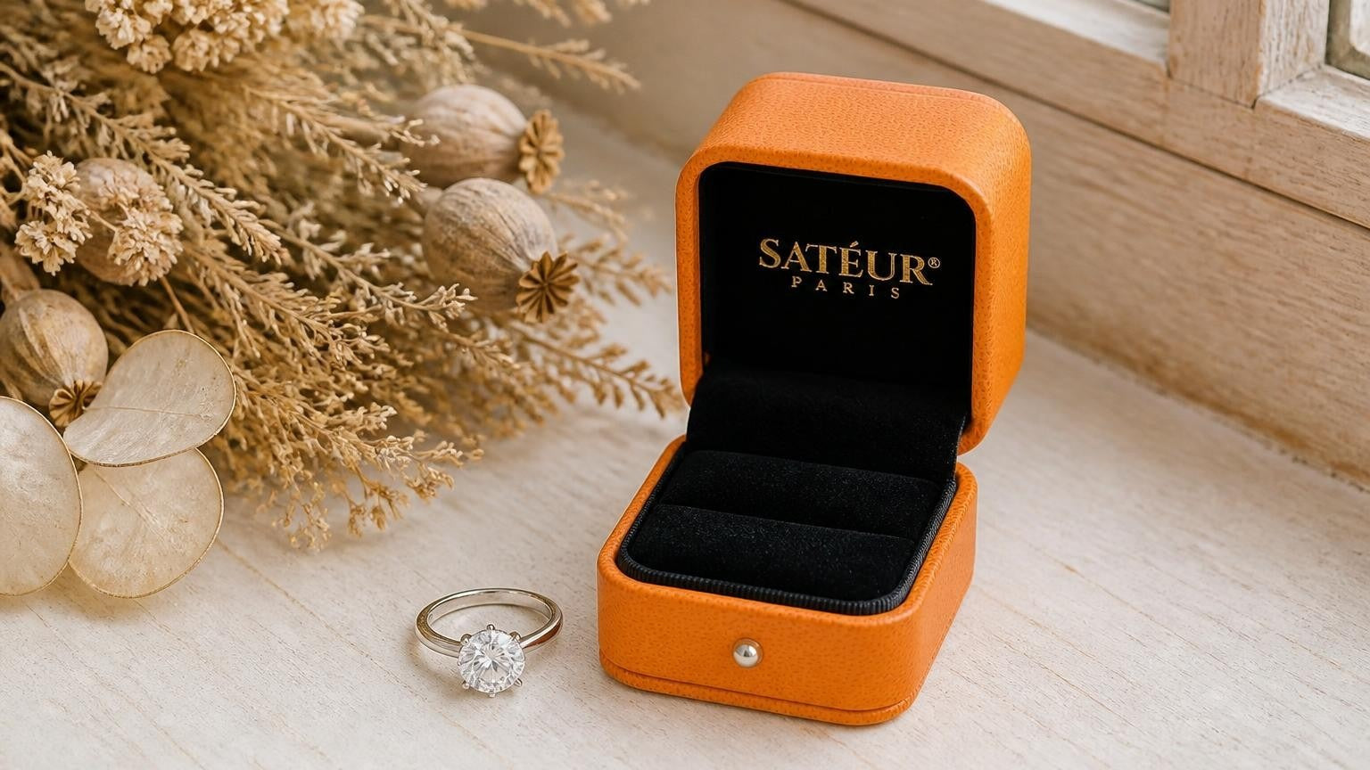 Decade ring on a country-house windowsill with open Satéur orange ring box