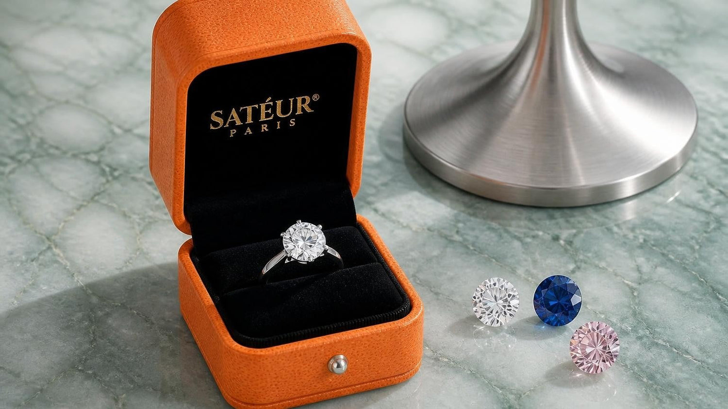 Diamond alternative gemstones for engagement rings — open Satéur box on jade-green marble