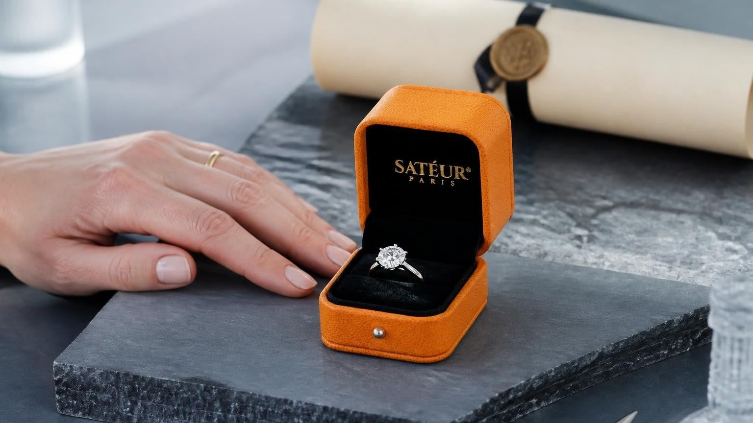 Diploma ring on a modern atelier bench — Satéur Gems® graduation jewellery
