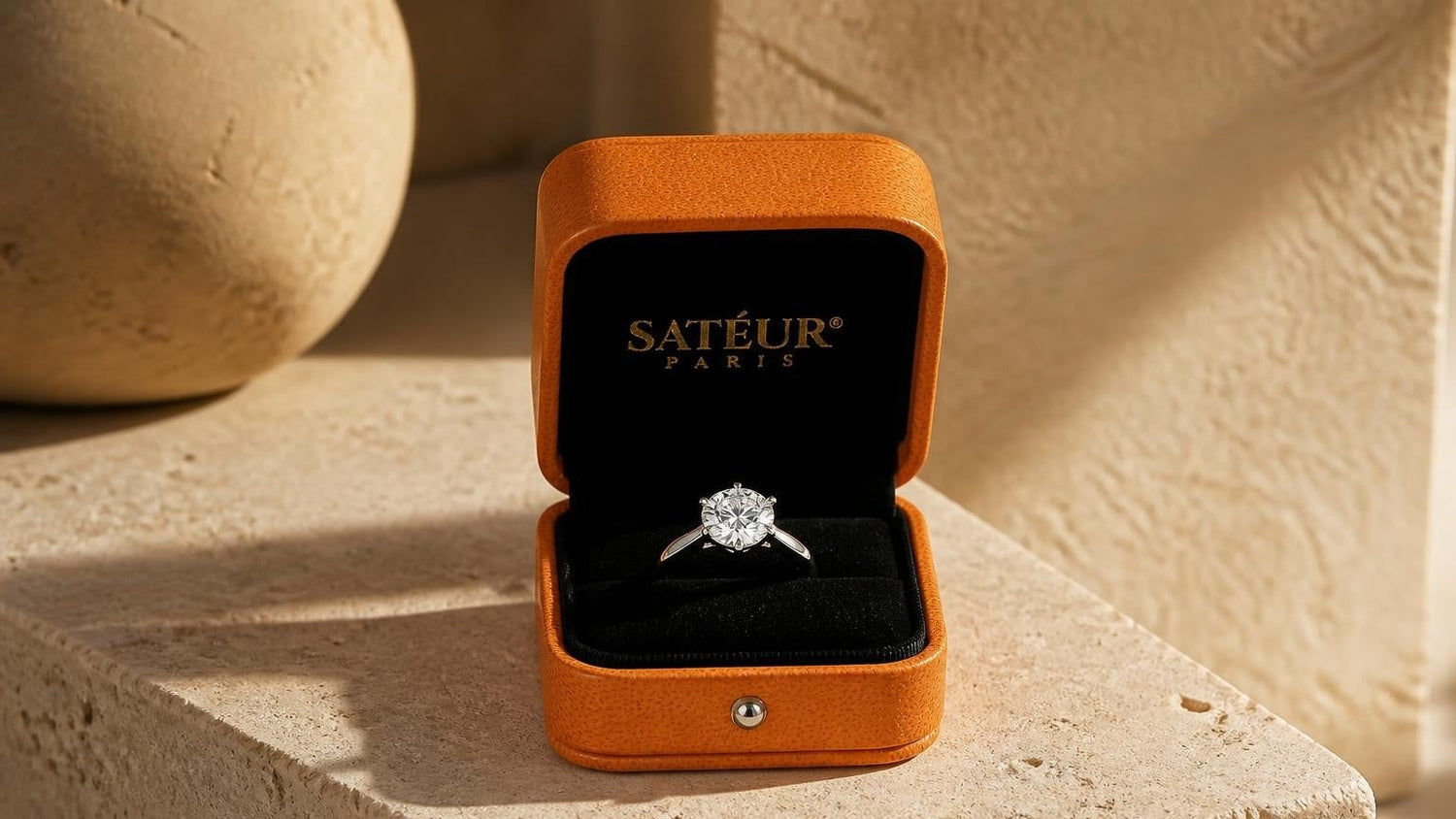 Engagement ring for fair skin tone — Satéur white gold solitaire in open orange box