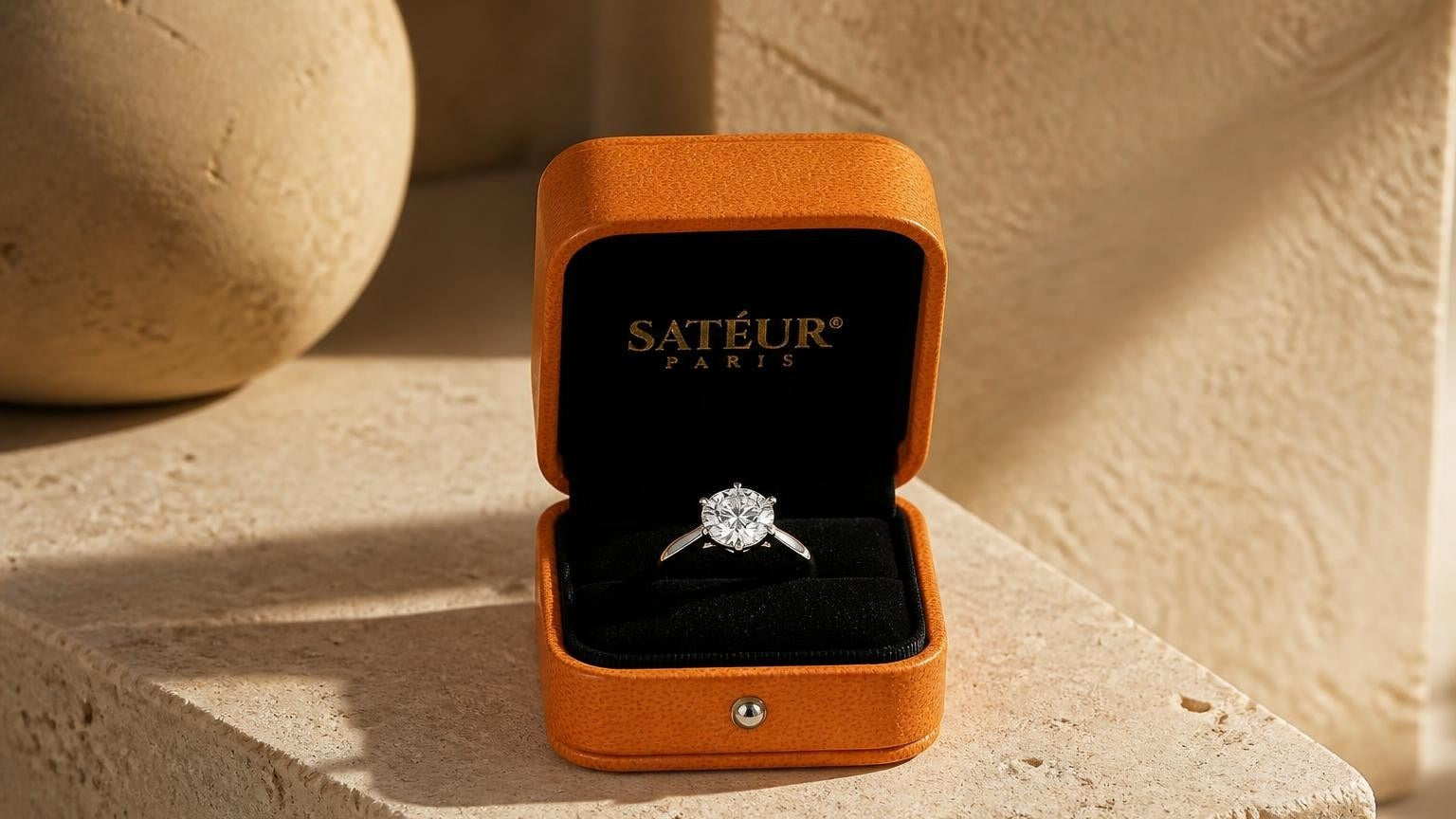 Engagement ring for fair skin tone — Satéur white gold solitaire in open orange box